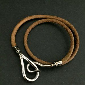 HERMES Jumbo Double Wrap Bangle Bracelet Leather Silver Brown Tone /tz0955